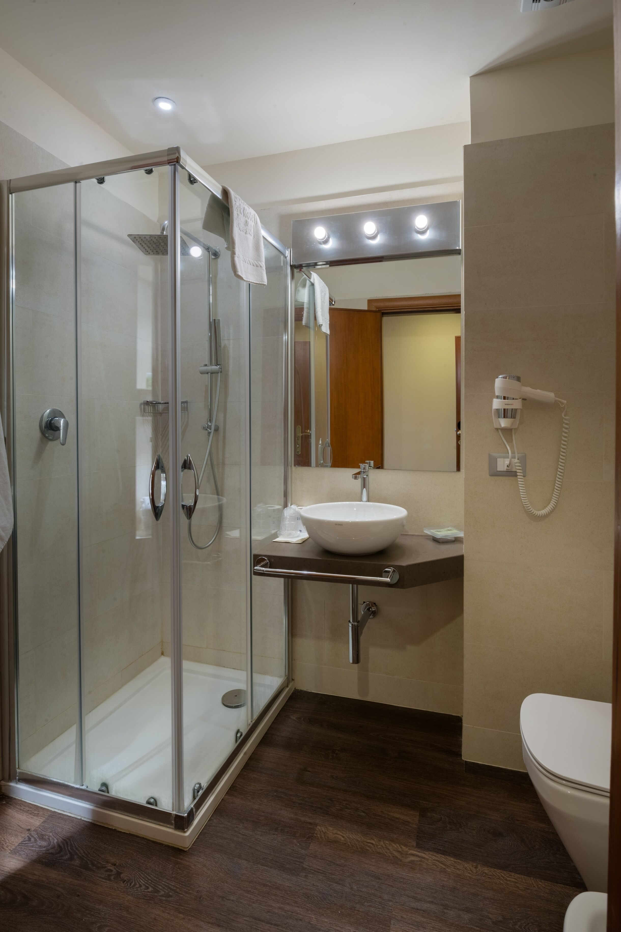 A modern bathroom with a glass-enclosed shower, a sink, and a toilet.