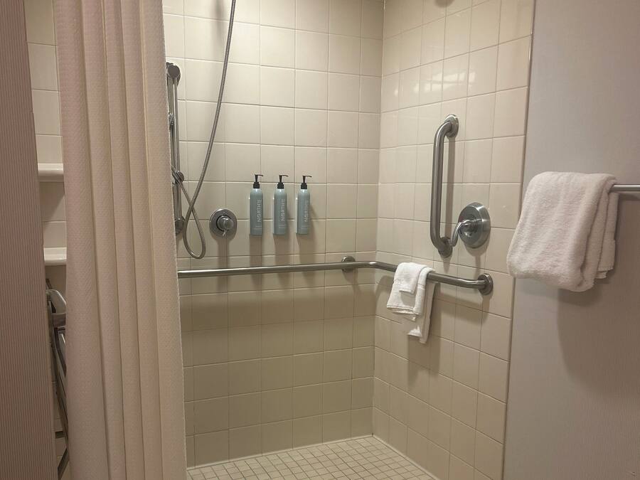 A walk-in shower with a glass door, a handrail, and a towel rack.