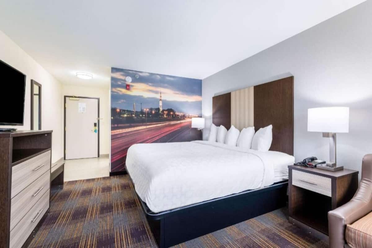 A hotel room with a bed, a desk, a chair, a TV, and a cityscape mural on the wall.