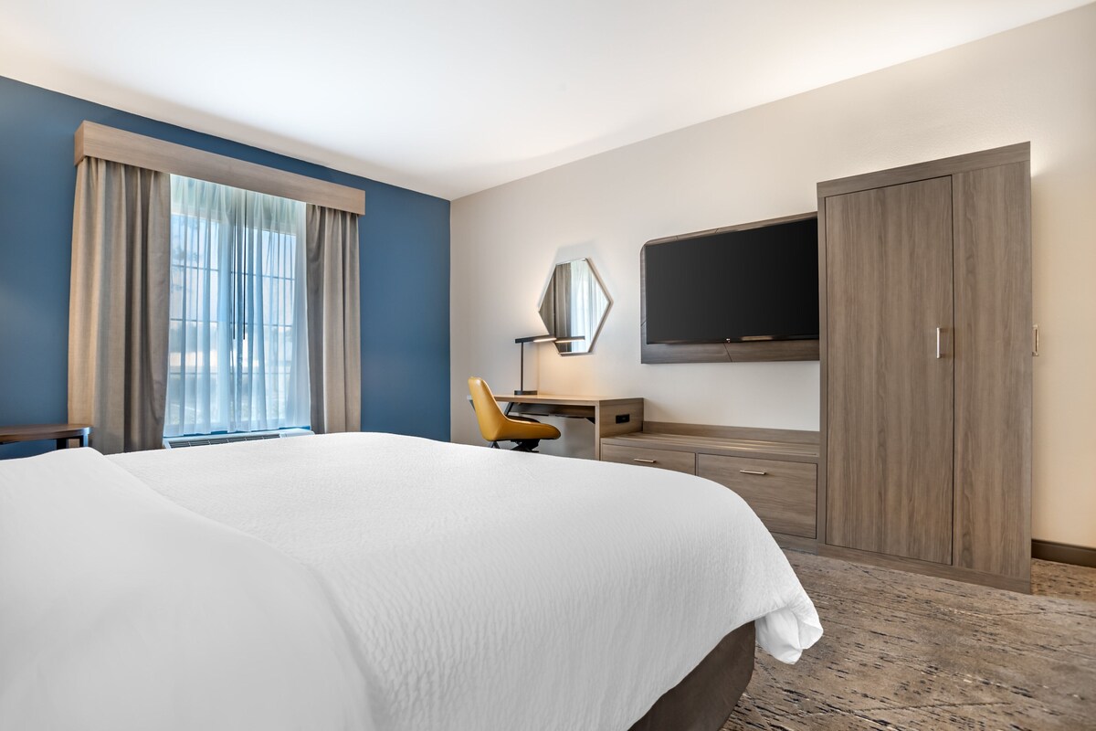 Una habitación de hotel con una cama grande, un escritorio, una silla, un televisor y un armario.