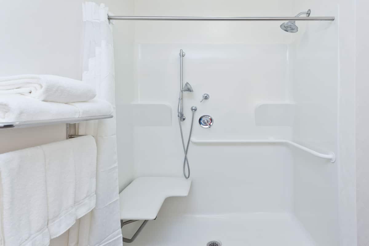 standard room, 1 king bed, accessible (mobility roll-in shower) | bathroom | free toiletries, hair dryer, towels, soap