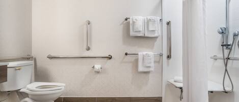 A modern bathroom with a toilet, bidet, and shower area, equipped with grab bars and a towel rack.