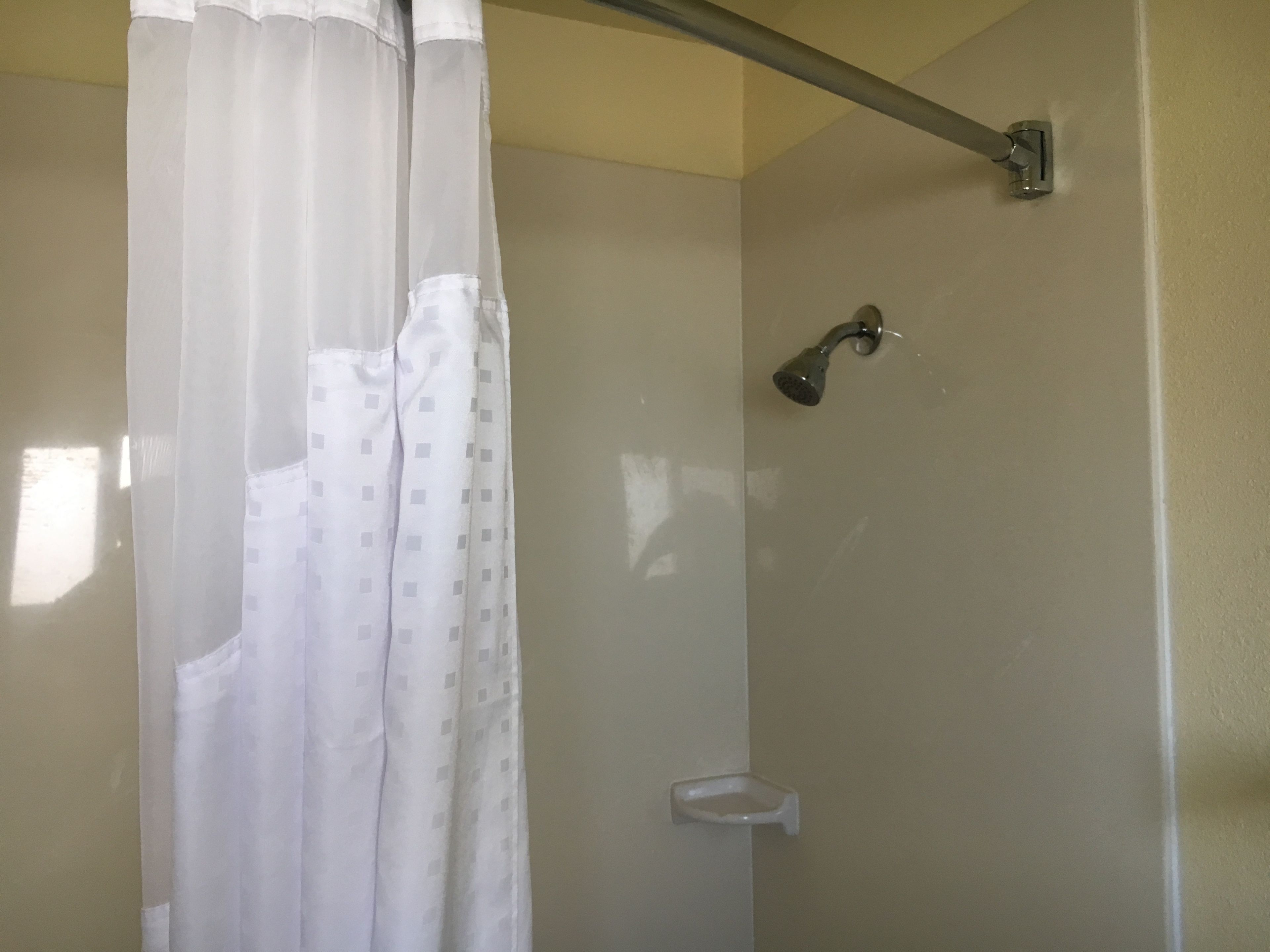 A shower area with a showerhead, a white toilet, and a curtain.