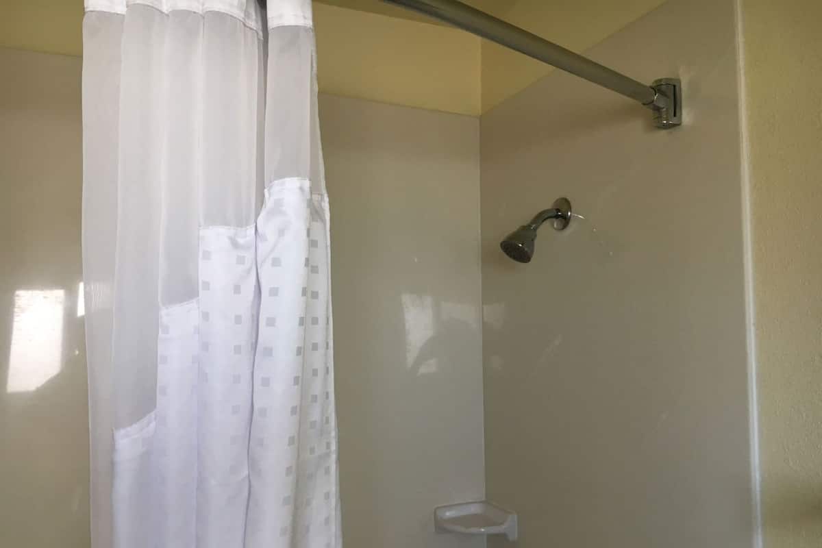 Ducha con cortina, cabezal de ducha de mano y un lavamanos pequeño y blanco.