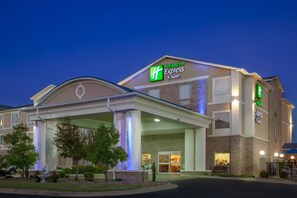 Edificio de Holiday Inn Express con un letrero llamativo, un acceso cubierto y un jardín delantero ajardinado.