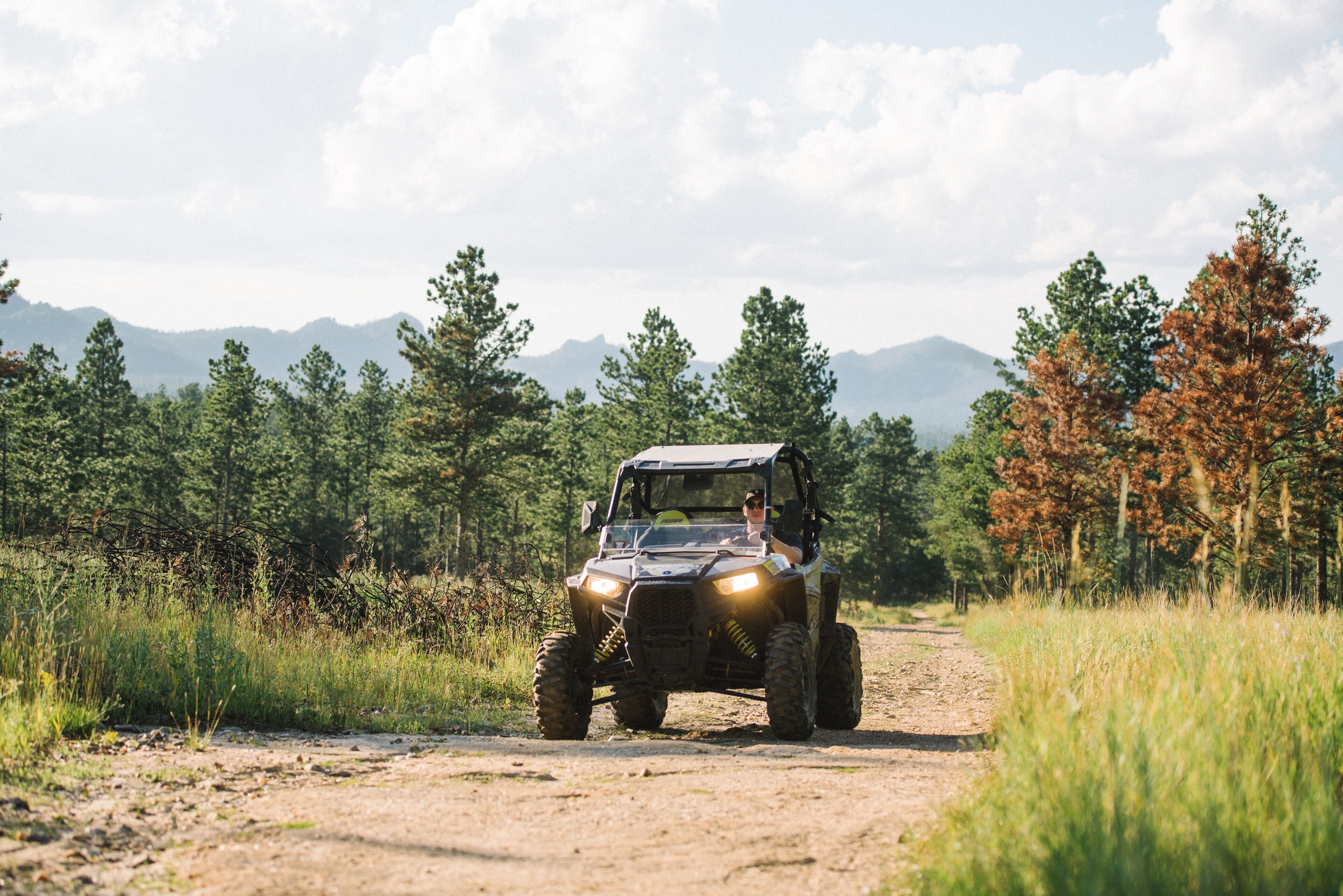 A vehicle on a dirt path surrounded by trees and mountains.