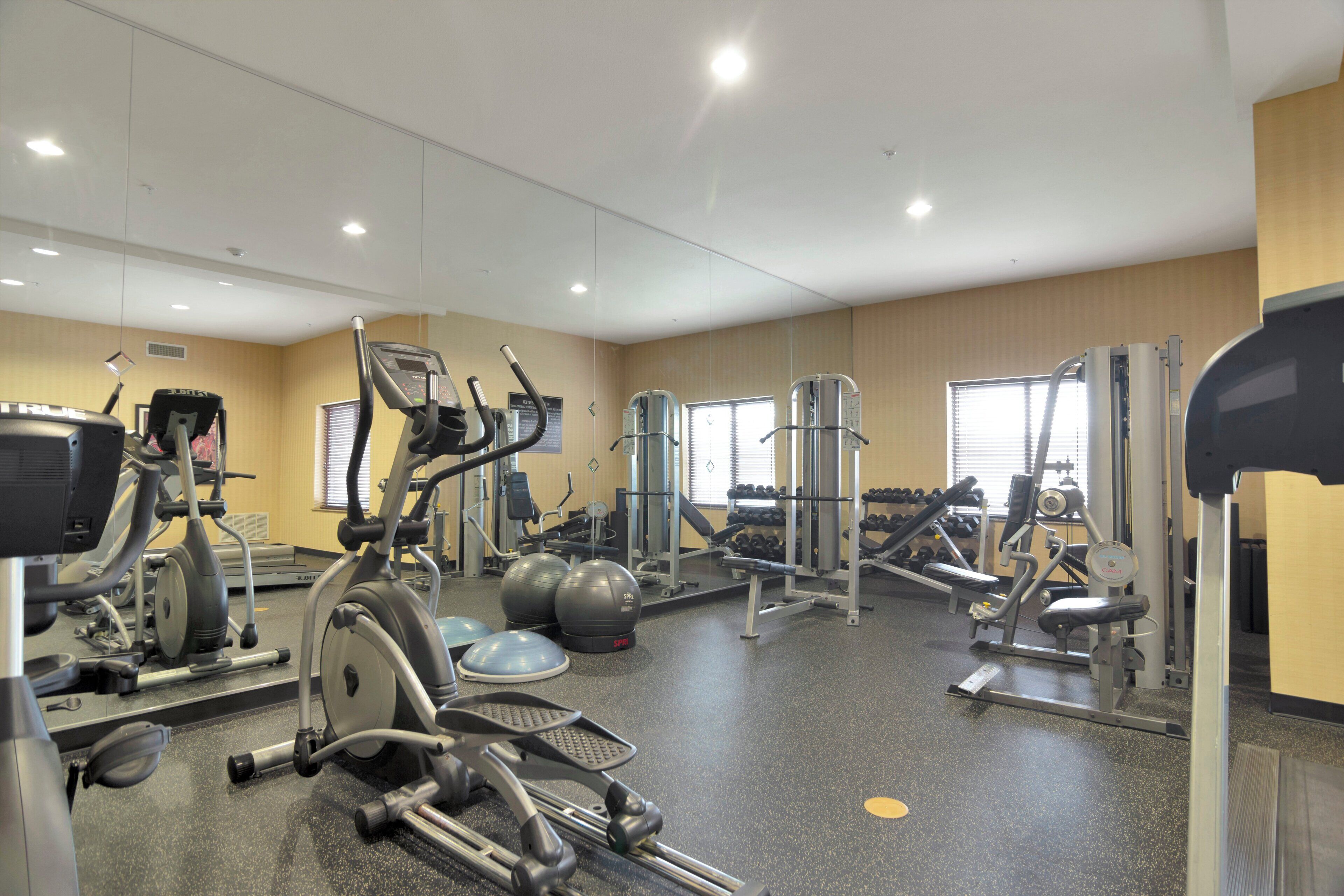 A gym with various exercise equipment including treadmills, elliptical machines, and free weights.
