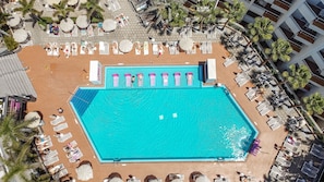 Outdoor pool, pool umbrellas, pool loungers