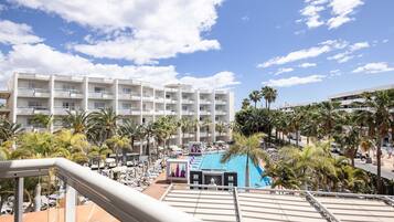 Outdoor pool, pool umbrellas, pool loungers