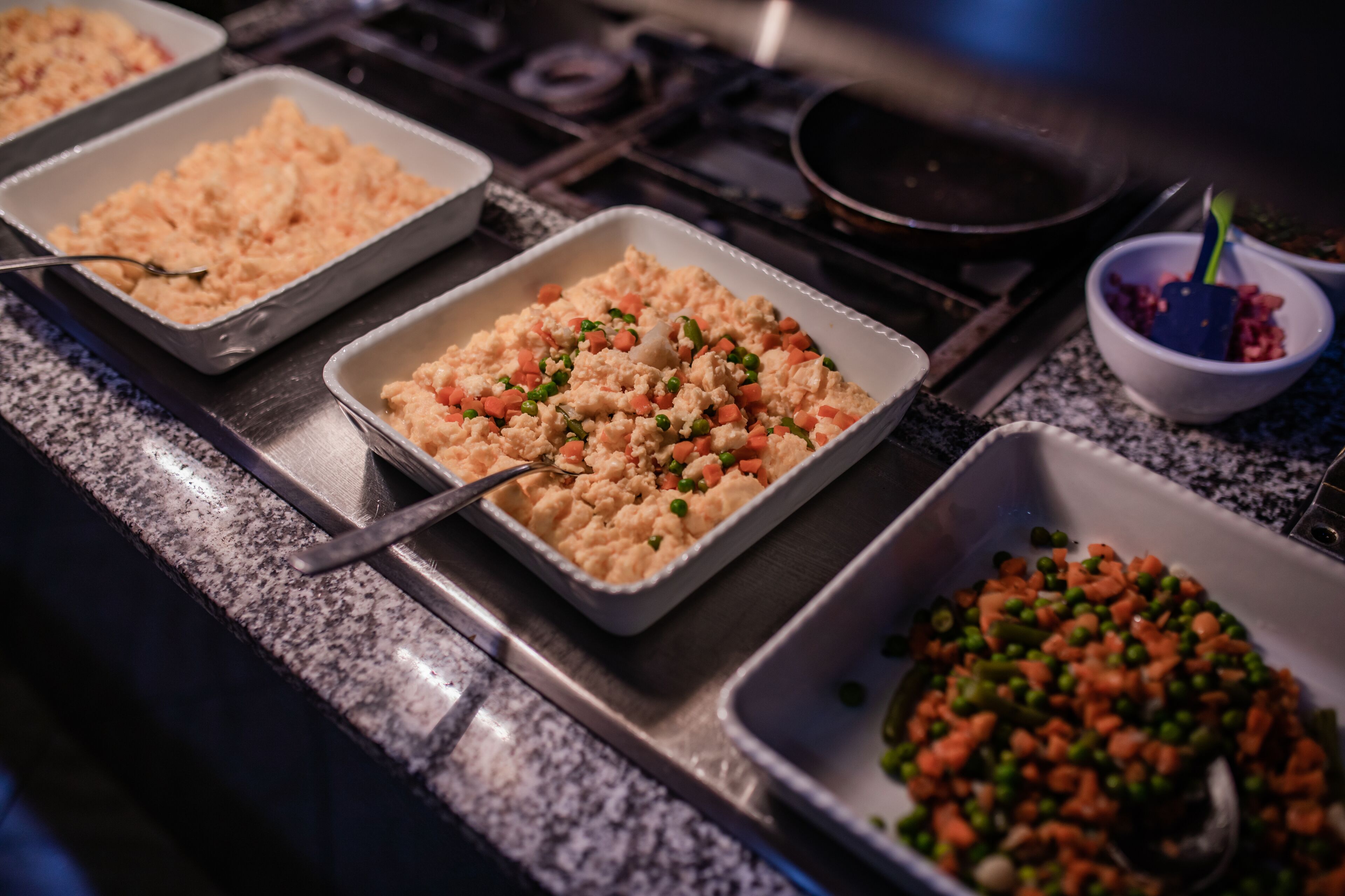Una encimera de cocina con tres bandejas de comida, una sartén y un bol de verduras picadas.