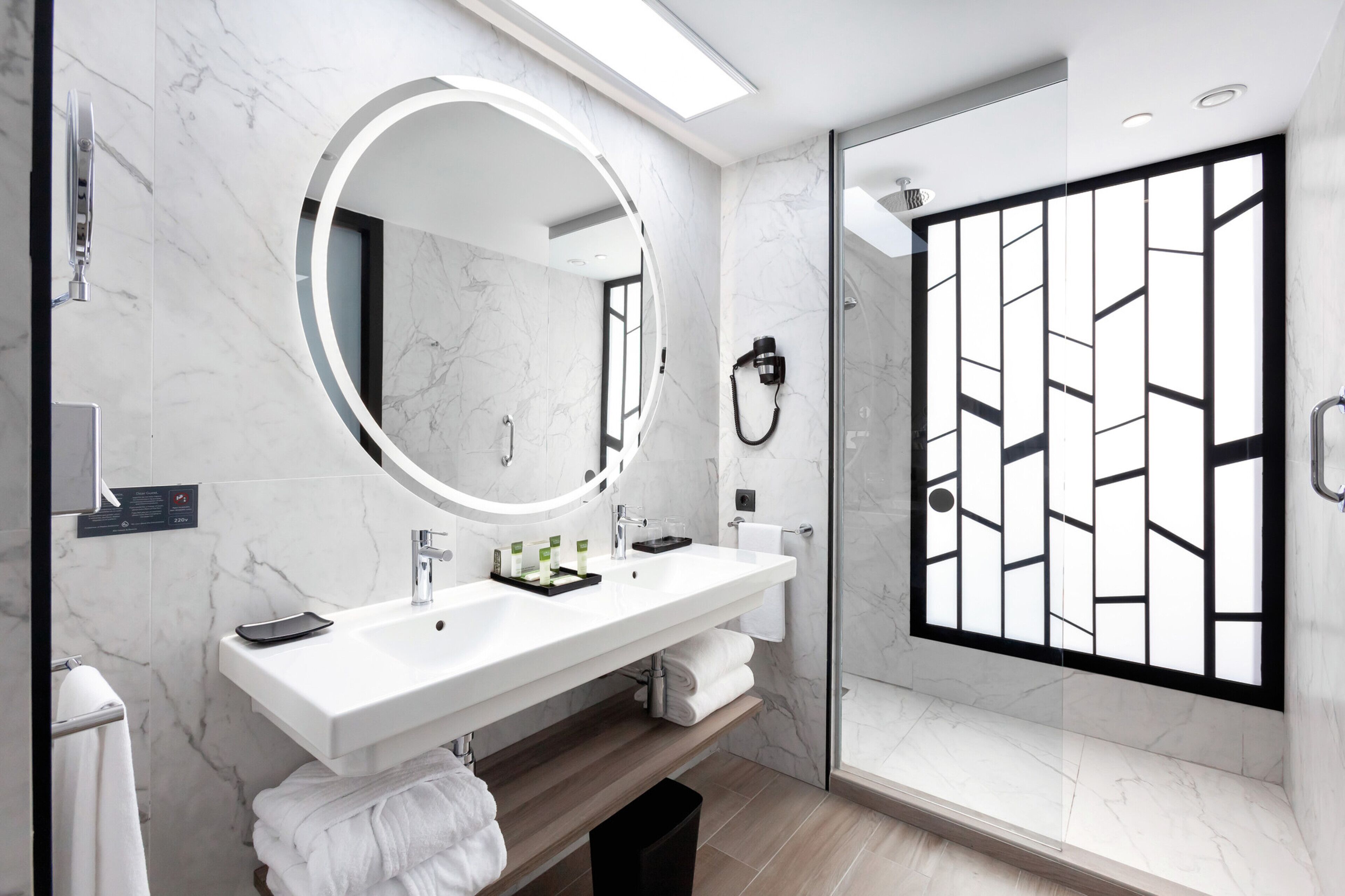 shower, eco-friendly toiletries, hair dryer, bathrobes