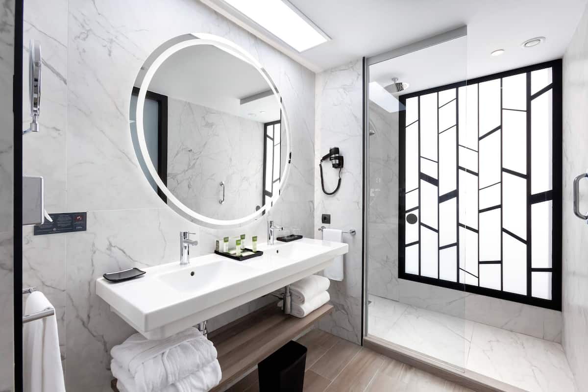 shower, eco-friendly toiletries, hair dryer, bathrobes