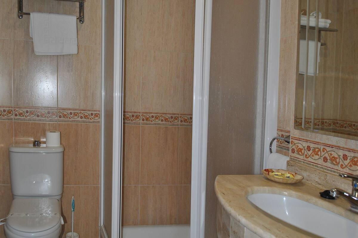 double room | bathroom | shower, rainfall showerhead, hair dryer, towels