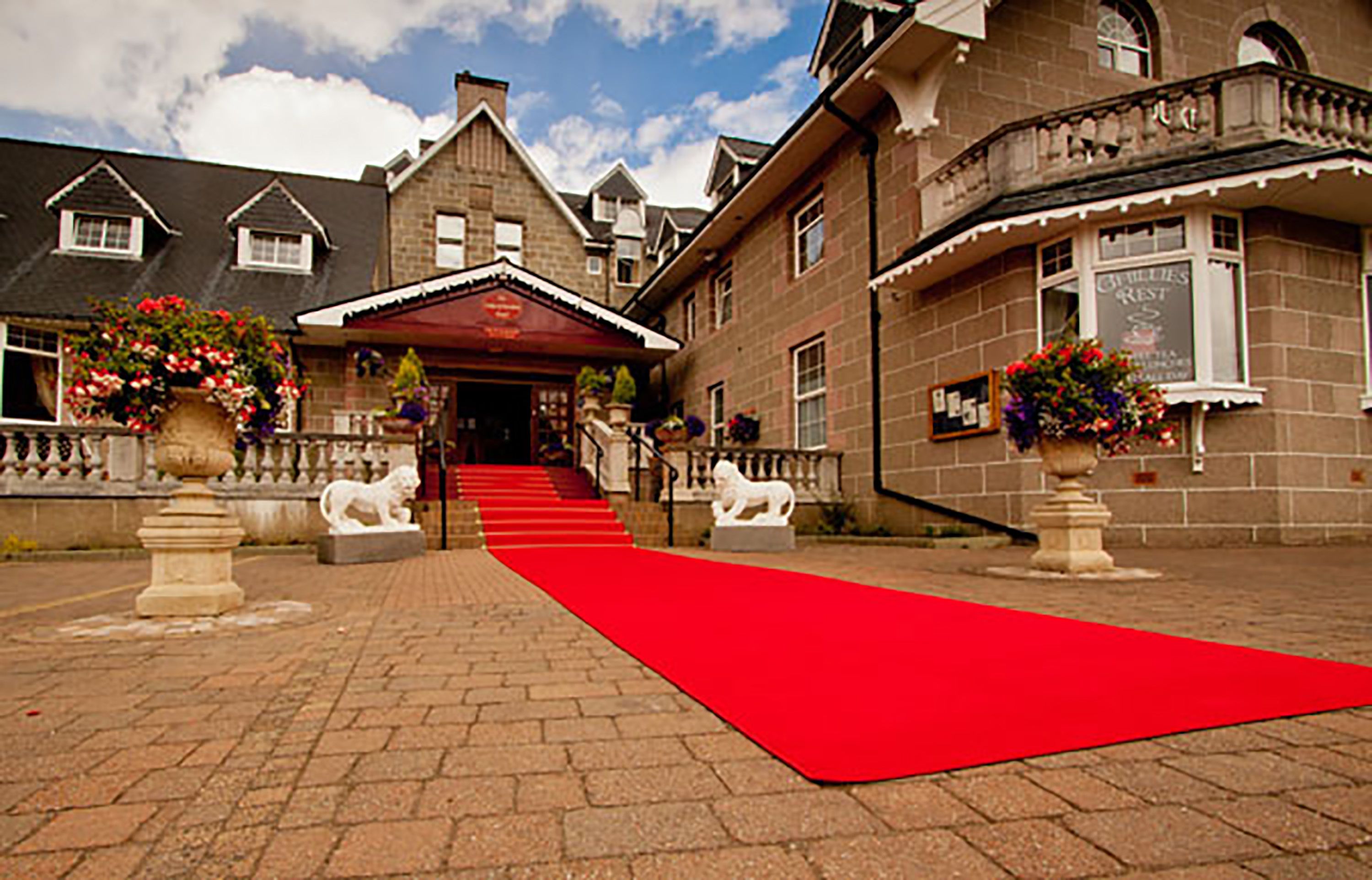 Un edificio con alfombra roja que conduce a una escalera, leones de piedra y macetas con flores.