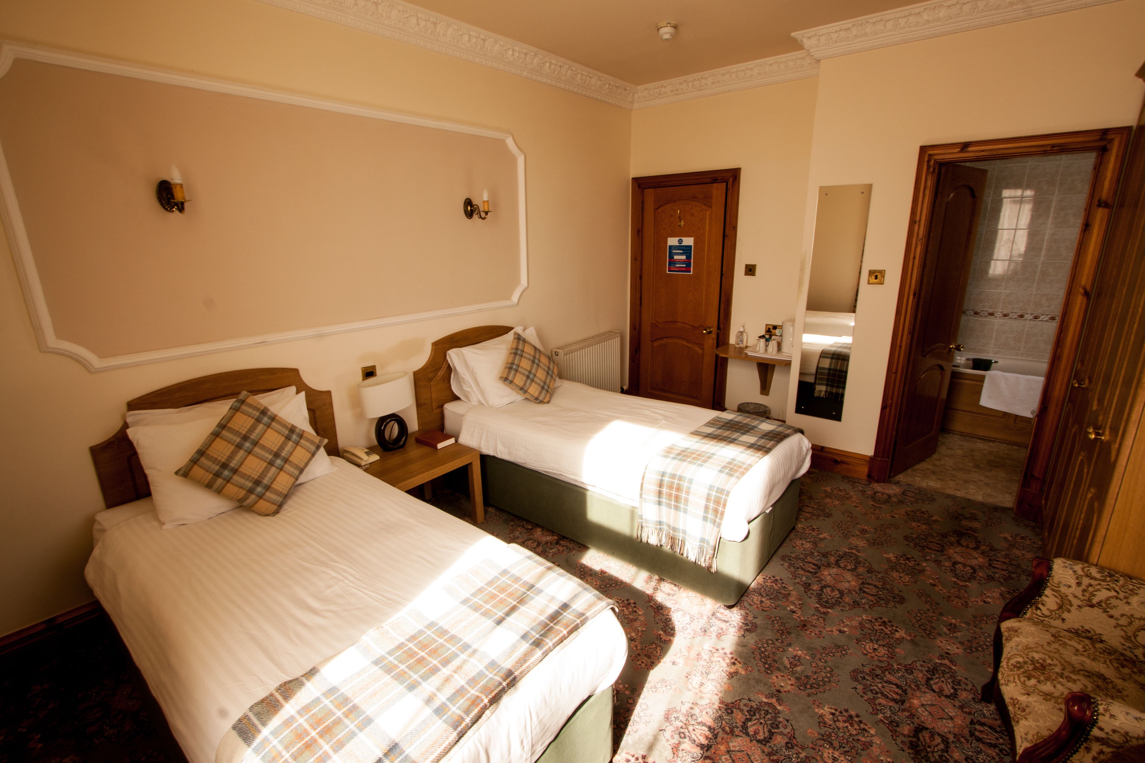 A hotel room with two beds, a wooden headboard, a nightstand, a mirror, a door, and a patterned carpet.