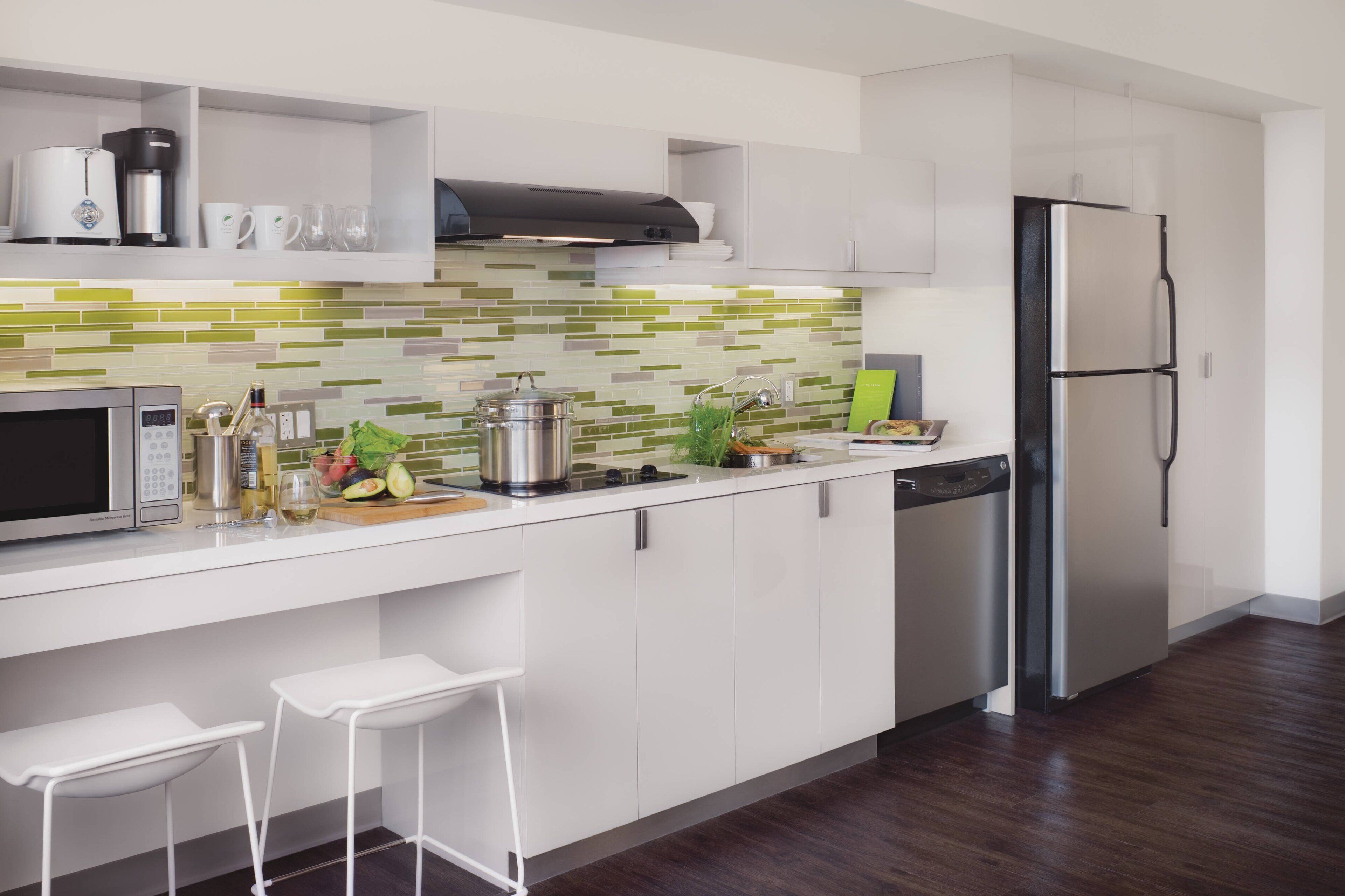 fridge, microwave, stovetop, coffee/tea maker