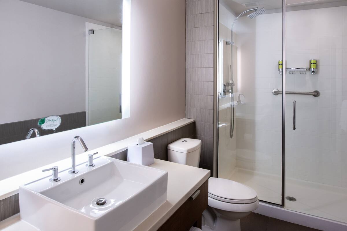 designer toiletries, hair dryer, towels