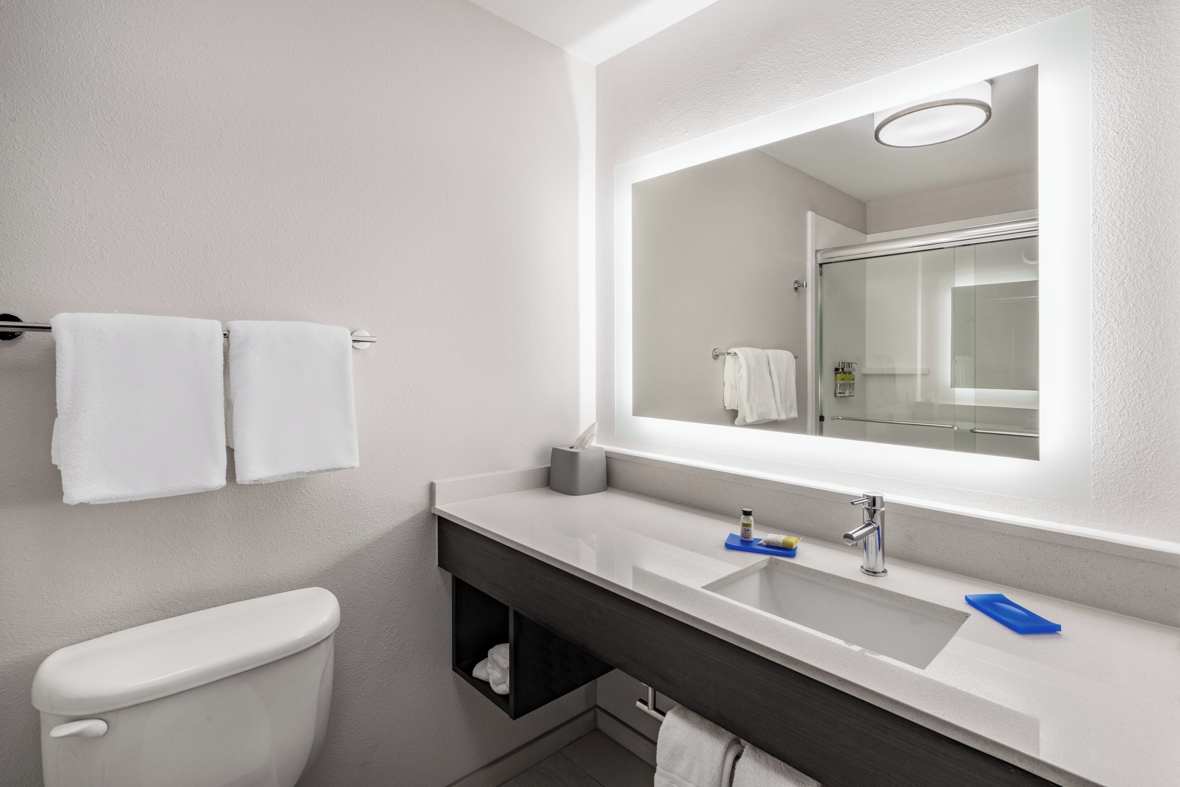 Un baño moderno con inodoro, lavabo con espejo y zona de ducha.