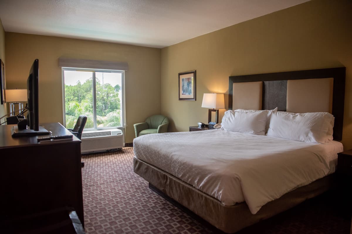 Een hotelkamer met een groot bed, een bureau, een stoel, een raam met uitzicht op groen en een aan de muur bevestigde televisie.