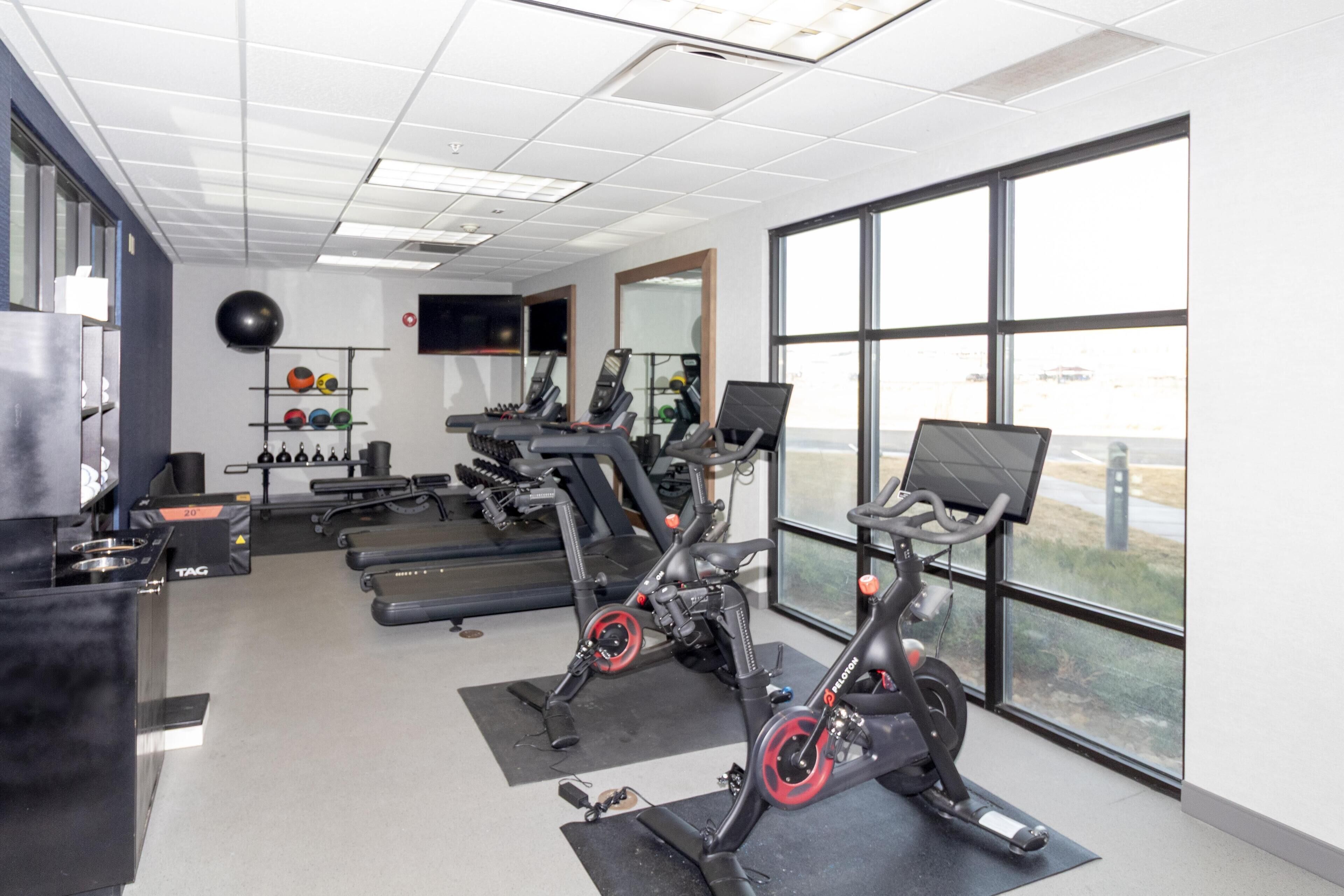 A gym with treadmills, stationary bikes, and exercise balls.