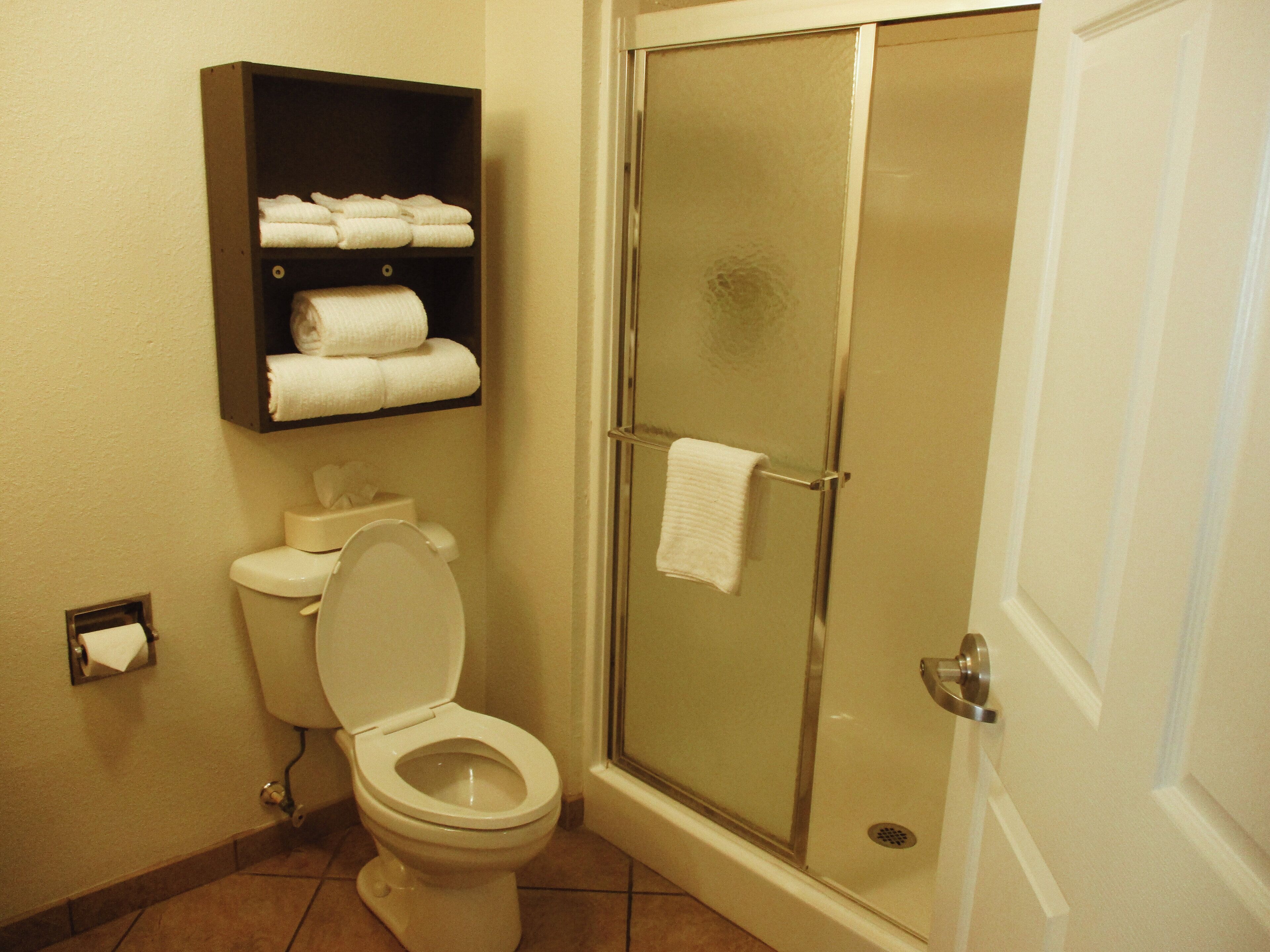 A bathroom with a toilet, a glass-enclosed shower, and a shelf with towels.