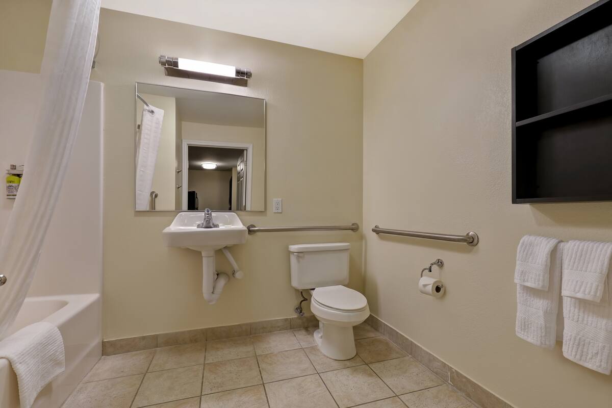 Une salle de bain avec des toilettes, un lavabo et une douche.
