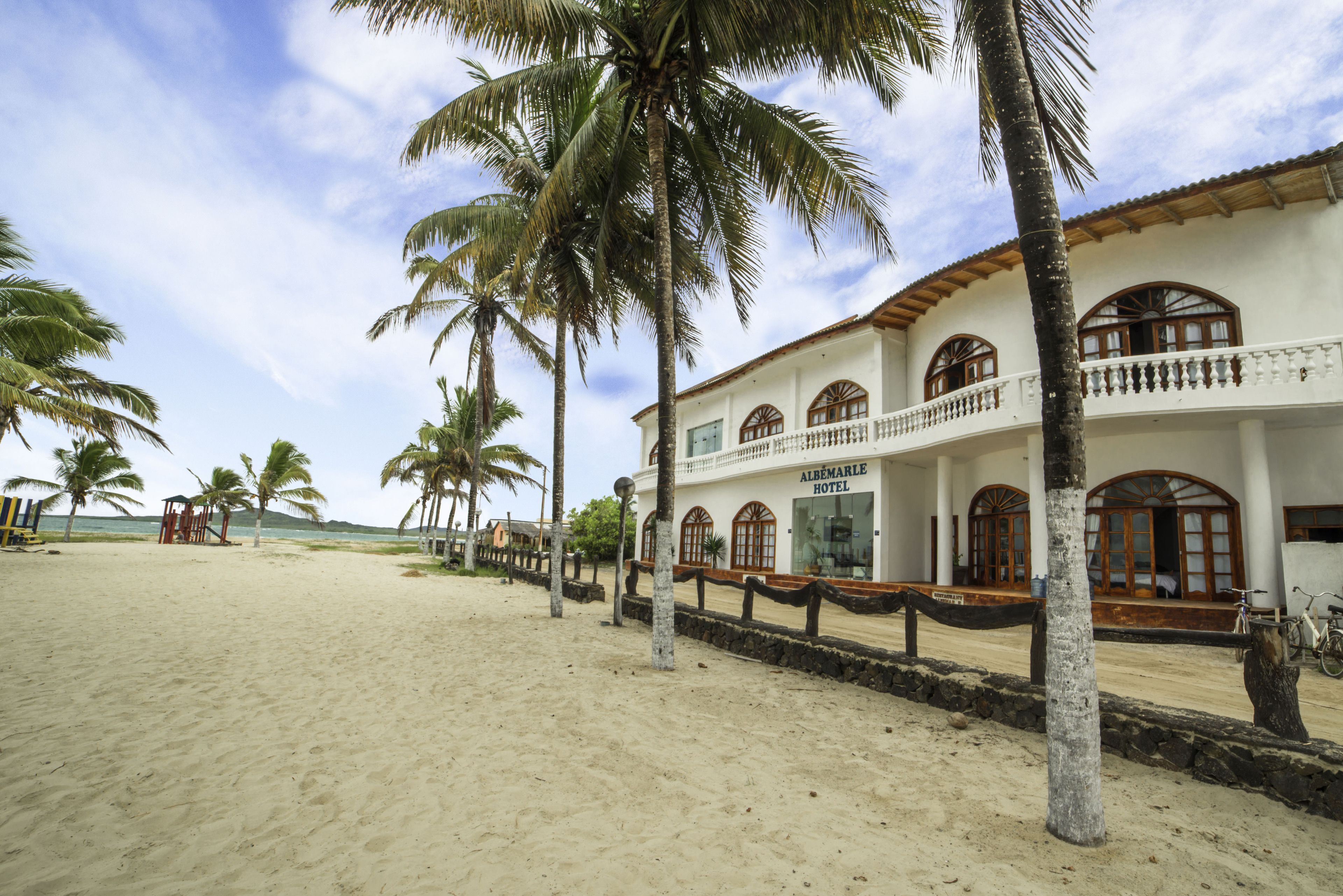A beachfront hotel with a white facade, arched windows, and a balcony with a railing.