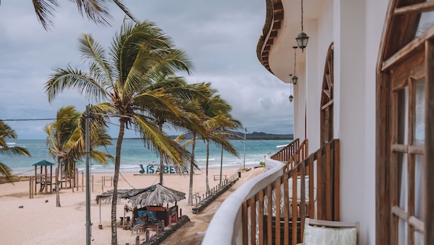 Vista de una playa con palmeras, una cabaña de techo de paja y una baranda de madera con vista al océano.