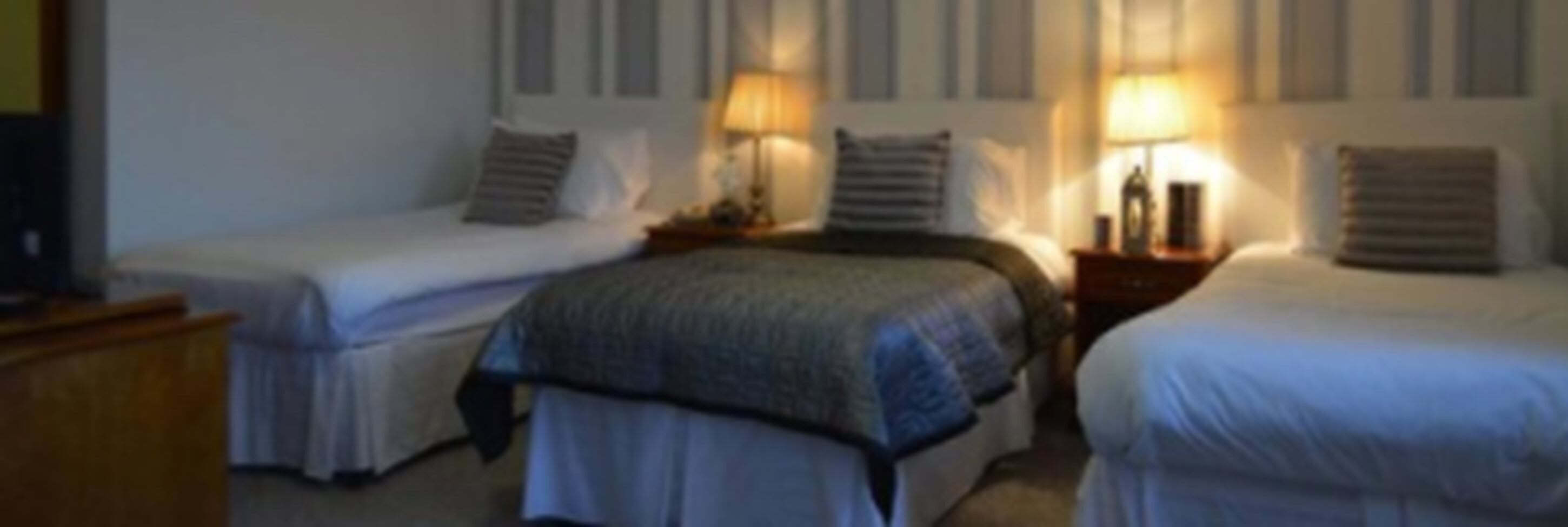 A hotel room with two single beds, a nightstand with a lamp, and a dresser.