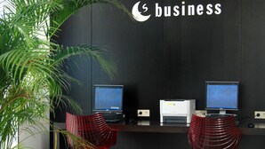 Un bureau moderne avec deux bureaux, des ordinateurs et une grande plante en pot.