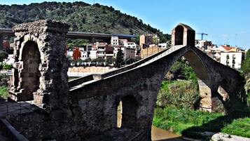 A stone bridge with arches, a river below, and buildings in the background.