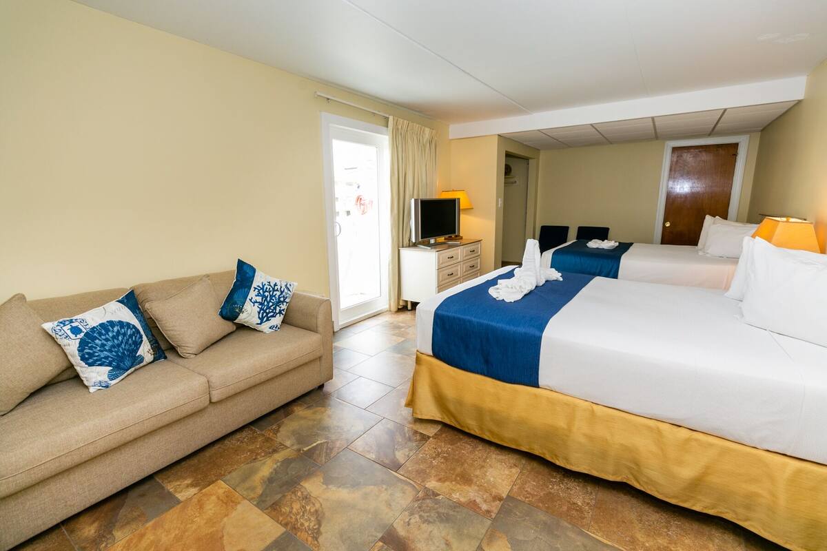 A hotel room with a bed, a sofa, a TV, and a lamp.