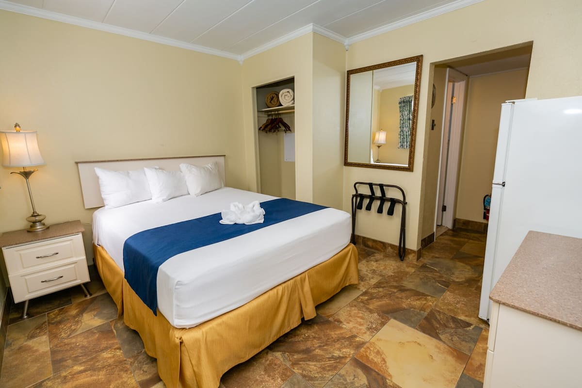 A hotel room with a bed, a nightstand, a lamp, a mirror, and a refrigerator.