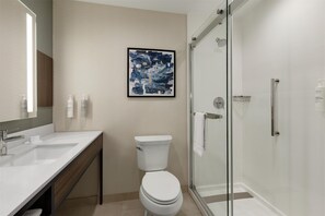 Combined shower/tub, free toiletries, hair dryer, towels