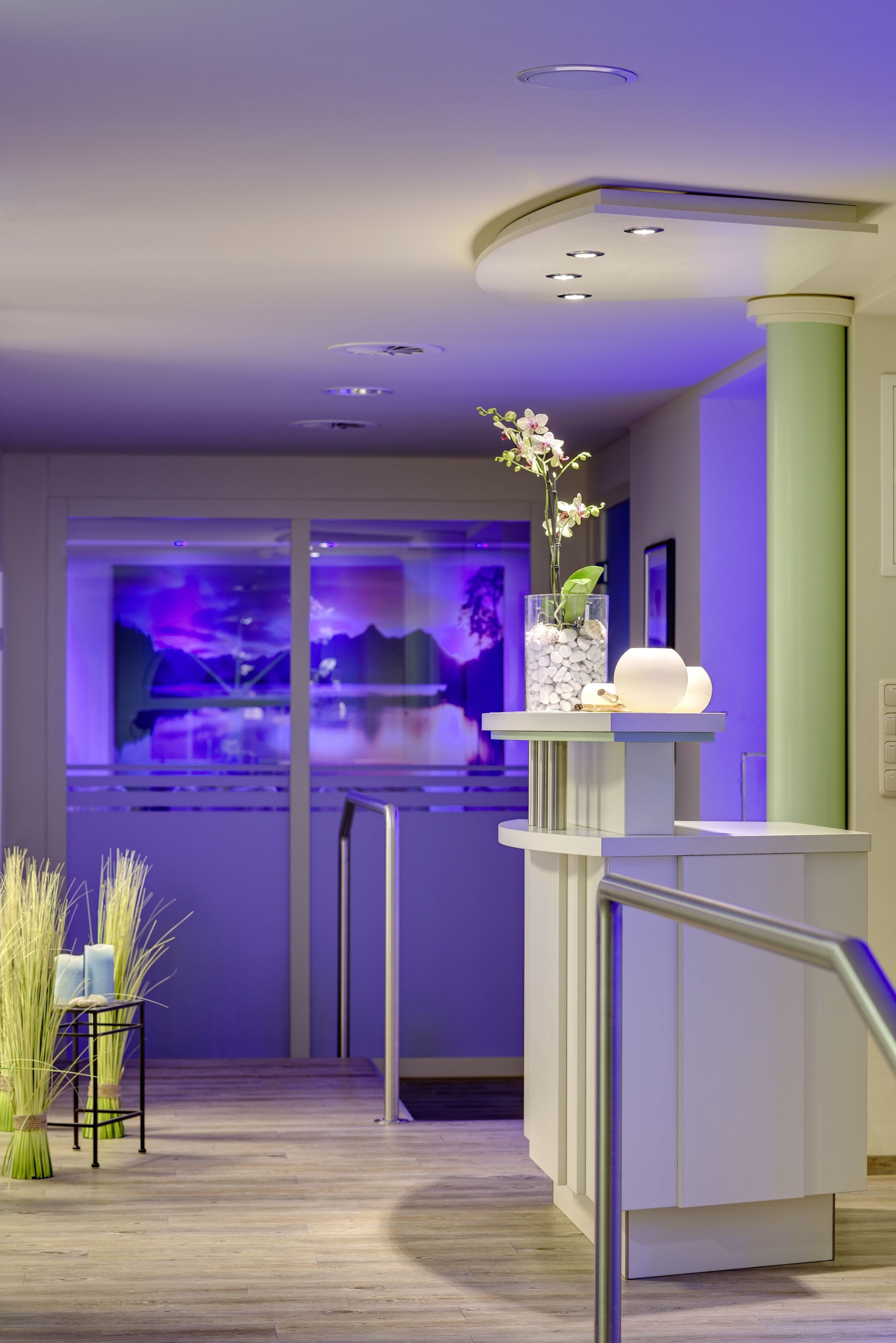 A modern hotel lobby with a curved reception desk, a glass vase with flowers, and a view of a mountainous landscape through the window.