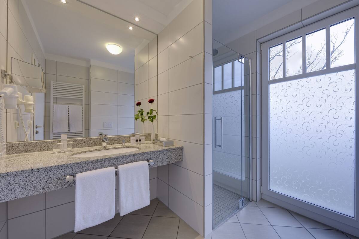 hair dryer, towels, soap, shampoo