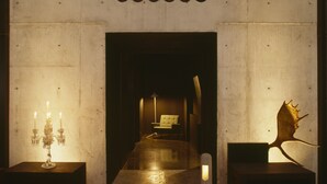 Un couloir faiblement éclairé, orné d’un lustre, d’un tapis en fourrure et d’une sculpture originale.