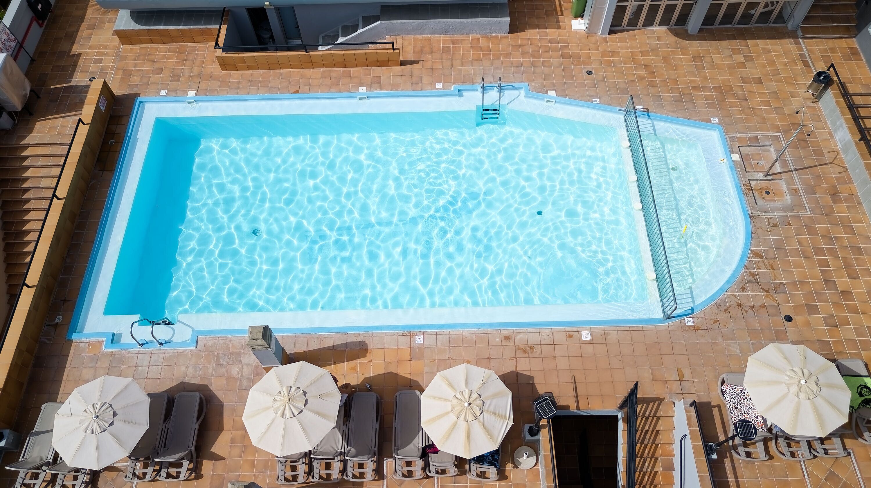 A rectangular swimming pool with a tiled deck surrounding it, equipped with a ladder and a diving board.