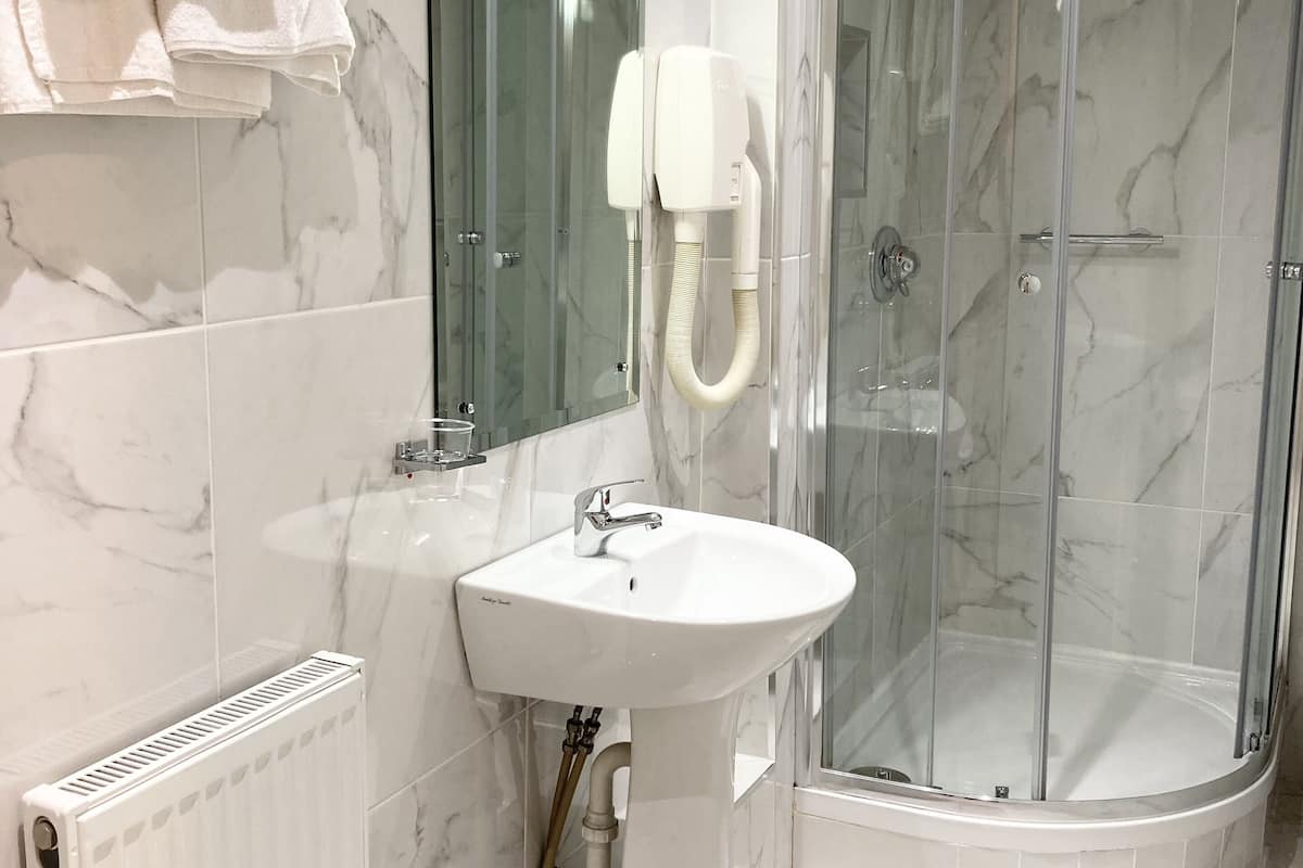 twin room | bathroom | shower, free toiletries, hair dryer, towels