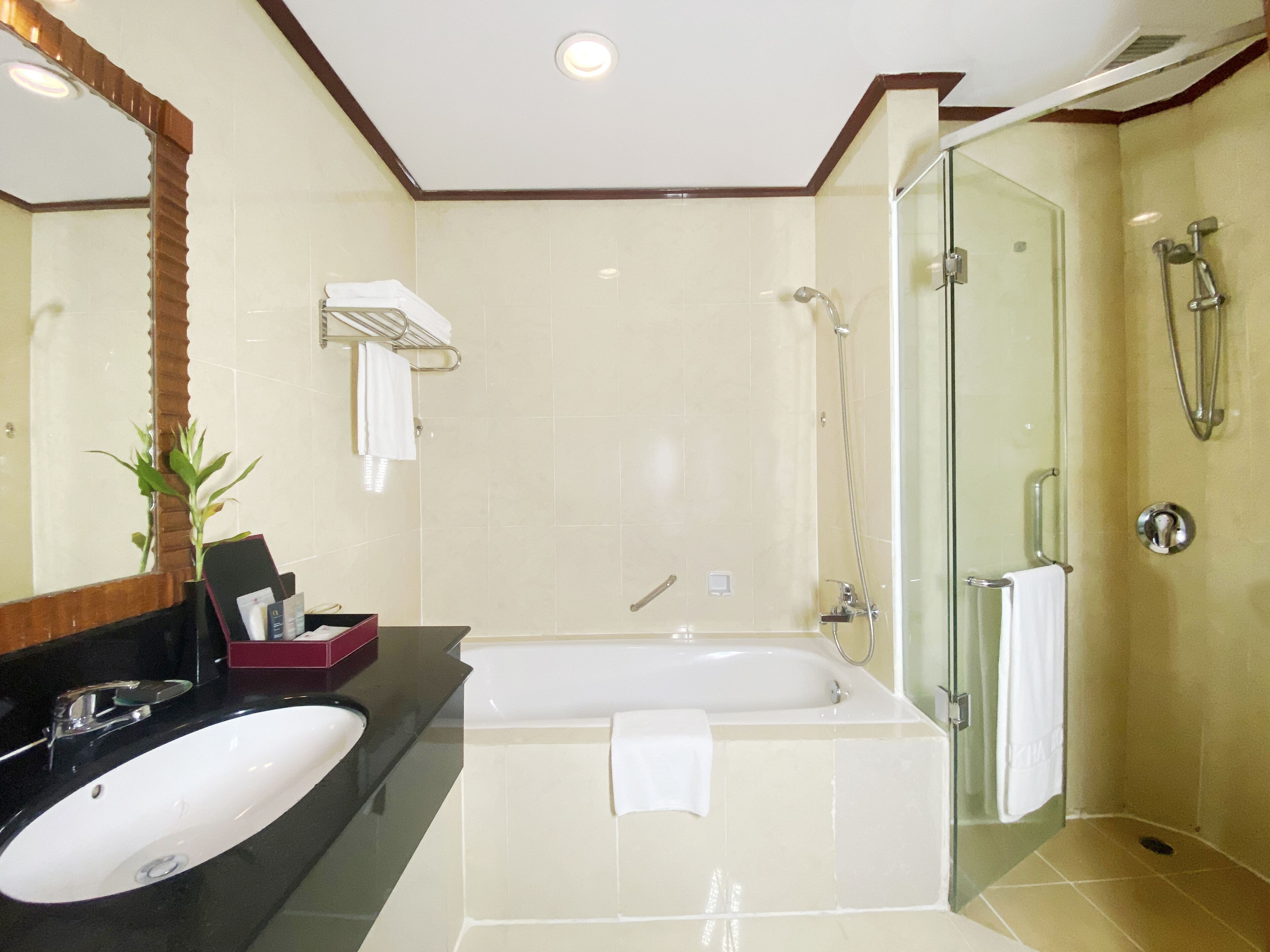 Une salle de bain moderne dotée d’une grande baignoire, d’une douche à parois de verre et d’un meuble-lavabo avec un évier et un miroir.