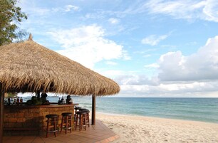 Private beach, white sand, sun loungers, beach umbrellas