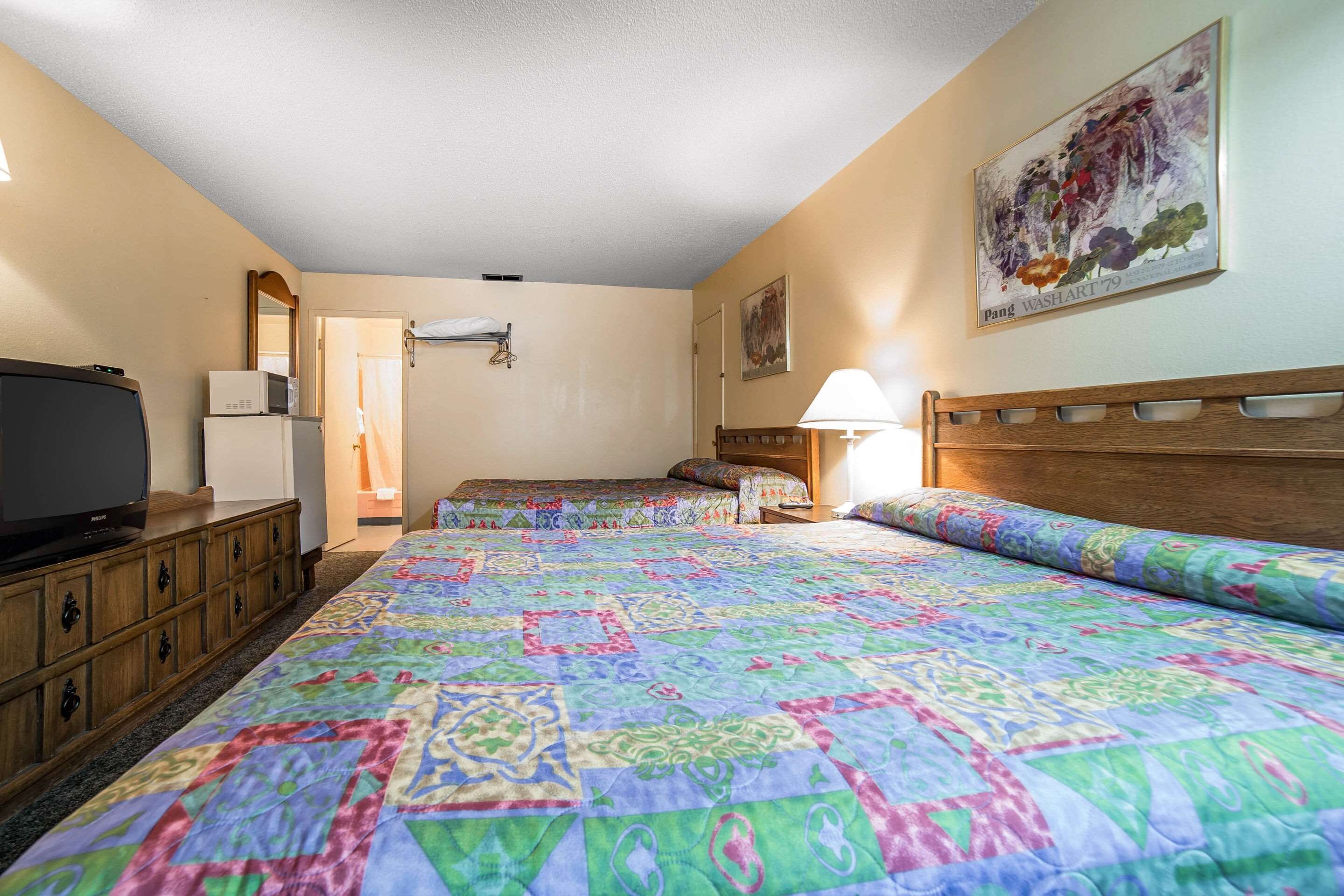 Une chambre d’hôtel avec un grand lit, une télévision, un réfrigérateur, une commode en bois et un tableau au mur.
