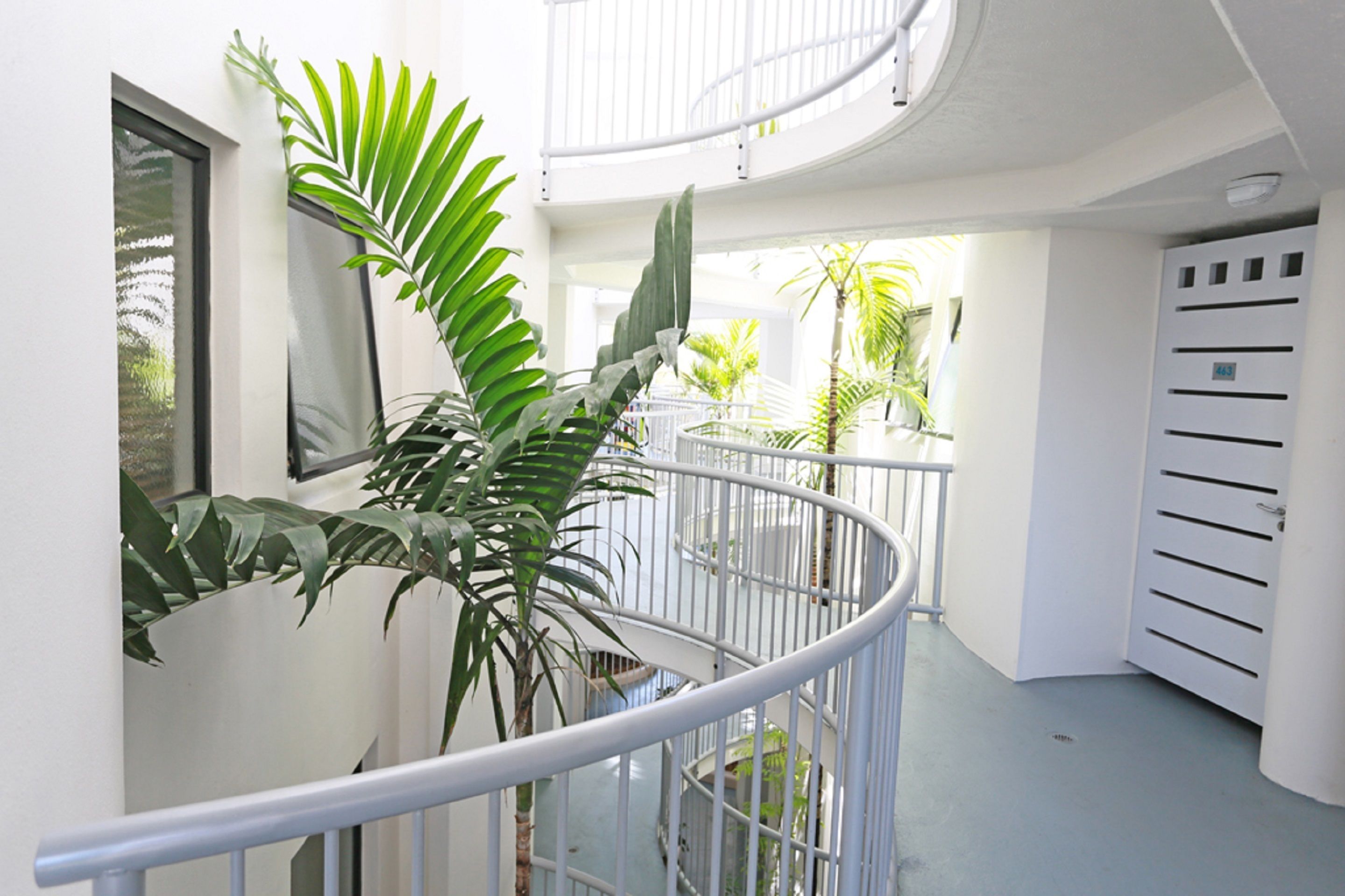 Een modern interieur met een gebogen balkon, witte muren en potplanten.