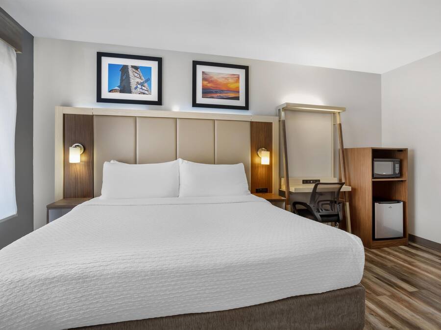 A hotel room with a large bed, a desk with a computer, a small trash bin, and two framed pictures on the wall.