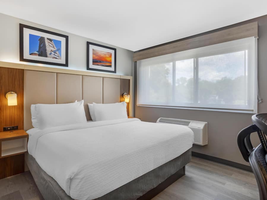 Une chambre d’hôtel comprenant un lit, une table de chevet, un bureau, une chaise, une fenêtre et deux tableaux encadrés accrochés au mur.
