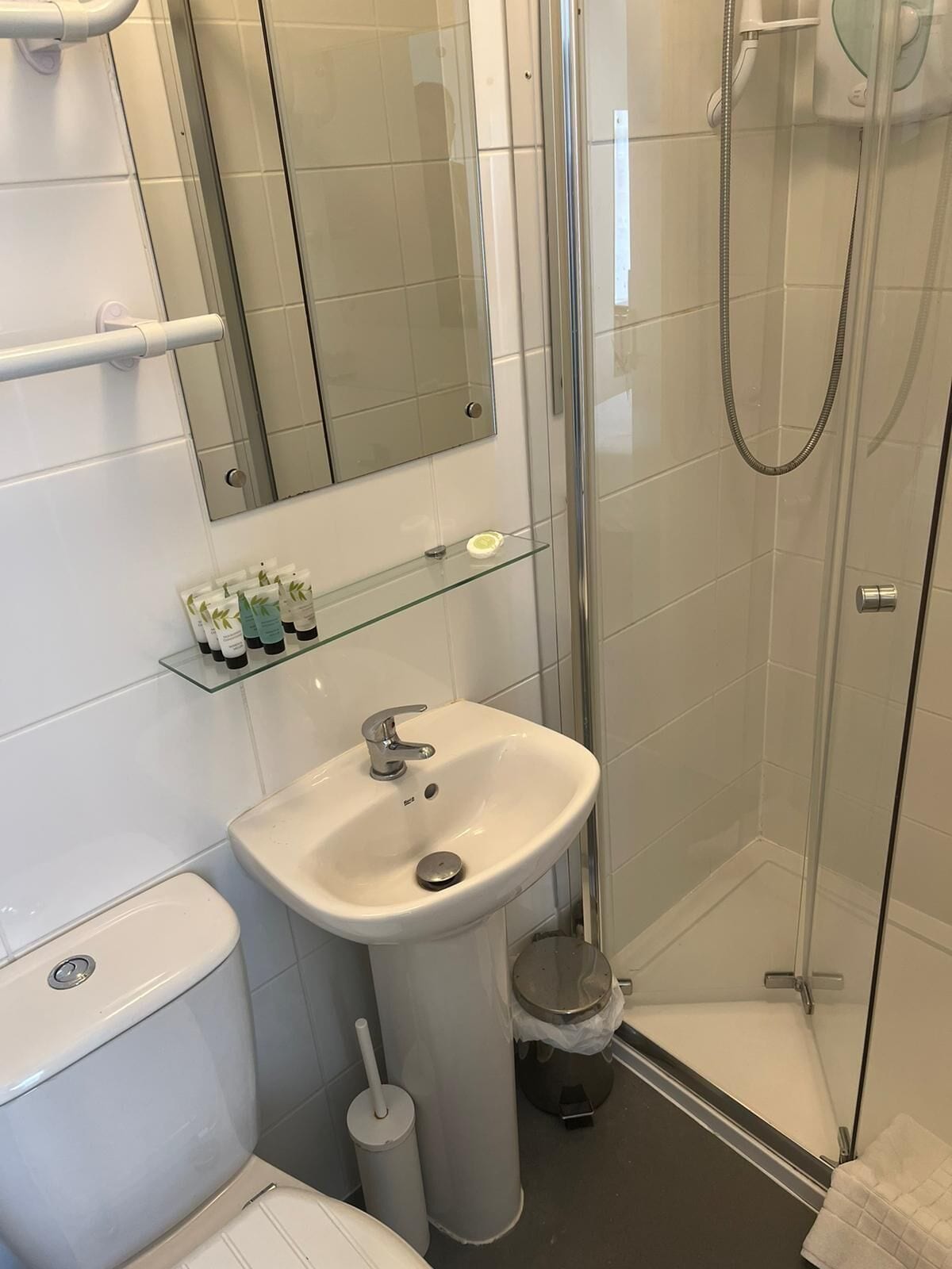 A modern bathroom with a glass shower enclosure, a white sink, and a toilet.