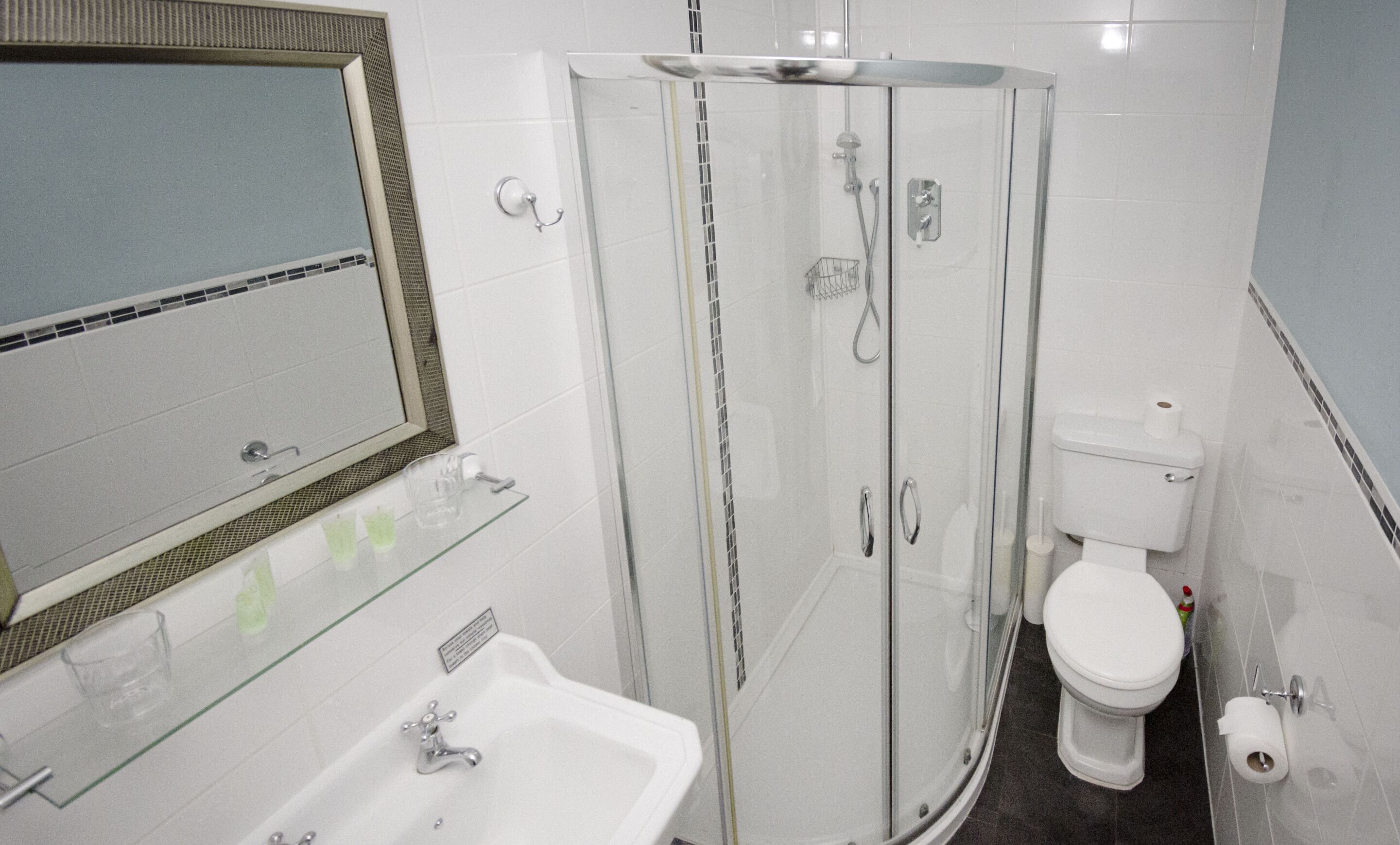 Un baño moderno con ducha de vidrio, un lavamanos blanco y un inodoro.