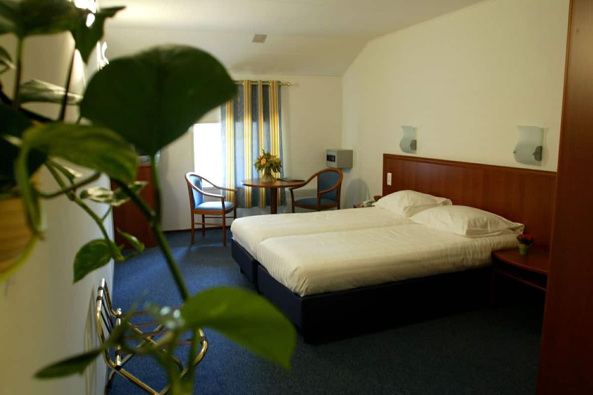 Una habitación de hotel con una cama, dos sillas, una mesita y una planta.
