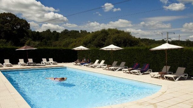 A swimming pool with lounge chairs and umbrellas, surrounded by a hedge and trees. - Golf de Saint Junien (Saint-Junien)