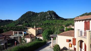 A rural village with traditional buildings, a gravel path, and a mountain in the background.